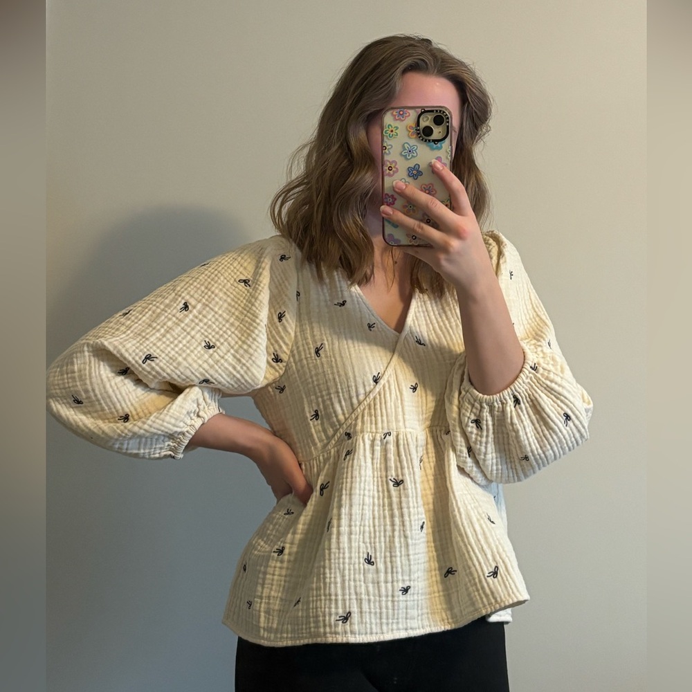 Madewell Lightspun Peplum Wrap Top in Tiny Bows- Blouse
